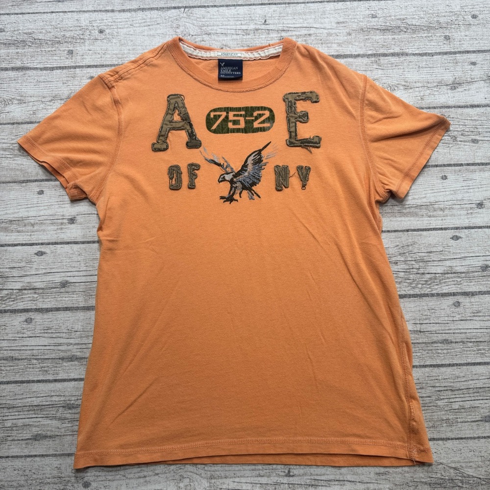 American Eagle T-Shirt Men's Small Orange Athletic Fit Embroidered Cotton Preppy